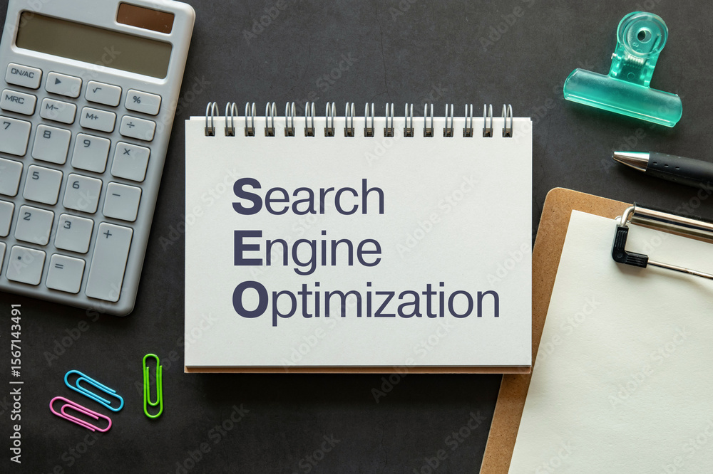 Poster there is notebook with the word search engine optimization. it is as an eye-catching image.