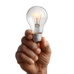 Light bulb glows in hand, idea brightens against the transparent background