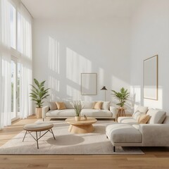 A modern minimalist living room bathed in natural light with neutral tones, sleek furniture, hardwood floors, and simple decor, creating a calm, spacious, and inviting atmosphere.
