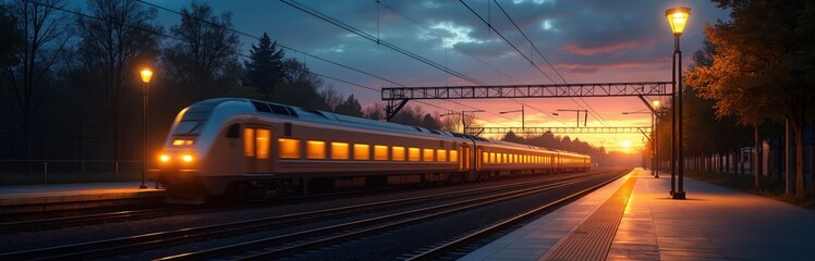 Passenger train arriving at station at sunset. Railway transport travel concept. Modern passenger train on tracks. Railway infrastructure. Sunset, sunrise, train at platform.
