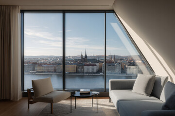 A modern attic with panoramic windows, featuring sleek interior design and natural light flooding the space.