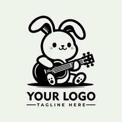 Cute cartoon rabbit playing an acoustic guitar, a simple logo design.