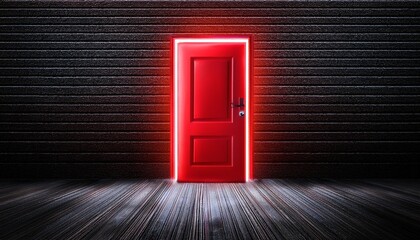 red door glowing in dark room neon light outlining doorway concrete wall background symbolic of new opportunity mystery or transition