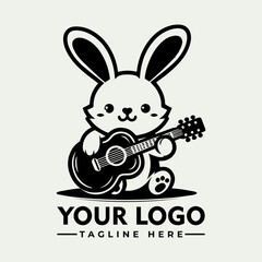 Cute cartoon rabbit playing an acoustic guitar, a playful logo design.
