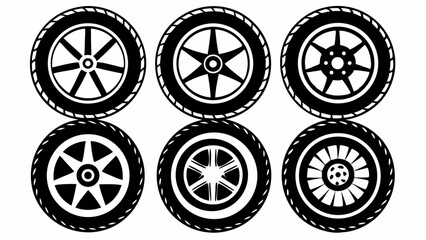 Collection of six stylized black car wheels and tires with different rim designs isolated on white background