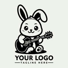 A charming cartoon bunny happily seated and playing an acoustic guitar.
