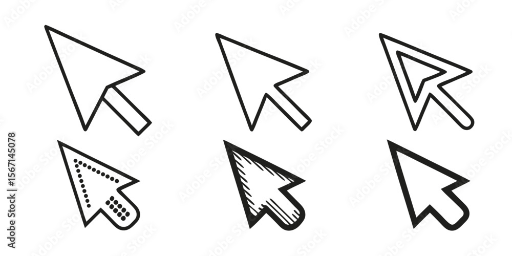 Fototapete collection of six different mouse cursor pointer icons in black outline and fill styles isolated on 