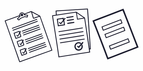 Three hand drawn style documents with checkmarks and lines isolated on white background