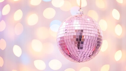 Close up of a pink disco ball hanging in front of blurred bokeh lights background