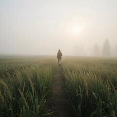 A lone person walks peacefully through a misty meadow at dawn, bathed in soft golden light, surrounded by dew-covered grass and a calm, serene natural atmosphere.
