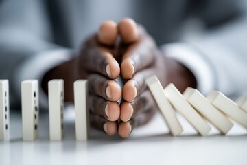 Hands stopping dominoes from colliding symbolizing conflict prevention, mediation, and resolution of disputes