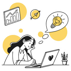 Young woman working on laptop with business growth idea and target achievement symbols isolated on white background