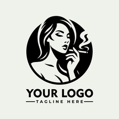 Elegant woman smoking a cigarette, depicted in a monochrome circular logo design.