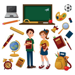 School supplies on a white background, schoolboy and schoolgirl - Vector illustration