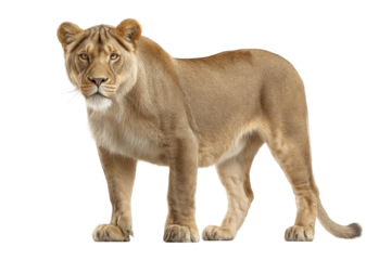 PNG Majestic female lioness standing against white background