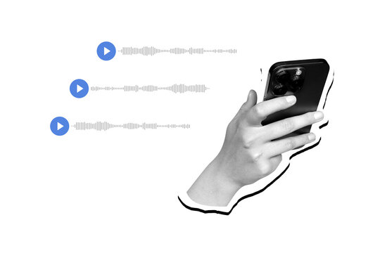 Modern collage. Hand holding smartphone. Concept of recording and sending voice message. Communication, interaction. Social media. Chat.