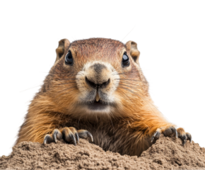 Groundhog emerging from burrow in nature of wildlife isolated on transparent background