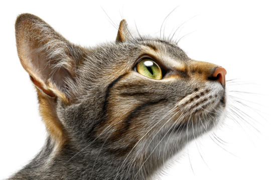 PNG Close-up of a tabby cat with green eyes looking up