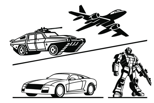 Dynamic Showdown Black and White Vector Graphic Featuring a Tank, Jet, Car, and Armed Futuristic Soldier