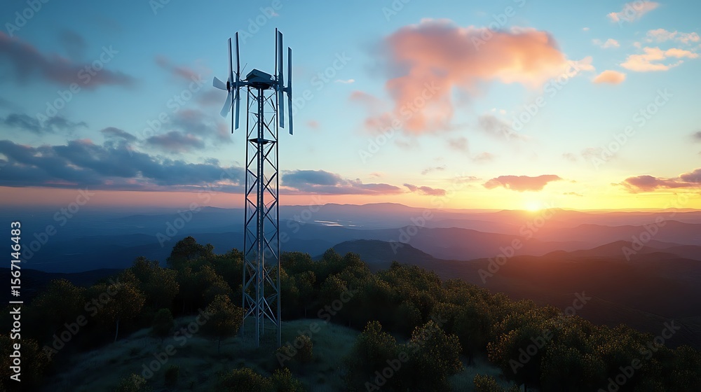 Poster isolated communication tower with vertical wind turbines generating renewable power in a remote natu