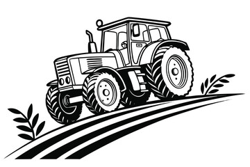 Monochrome Tractor Illustration Plowing a Field with Precision Agriculture and Sustainable Farming Practices in a Stylized Black and White Design