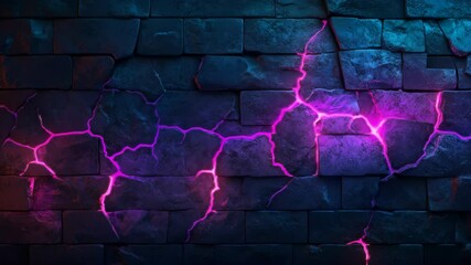 Glowing purple cracks in a dark, textured brick wall - Powered by Adobe