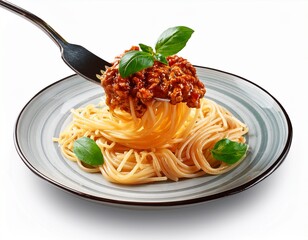 italian spaghetti noodles with sauce bolognese wrapped around fork and hanging plate isolated transparent cutout italian food