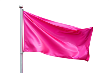 Bright pink fabric flag waving gently on a white pole with studio lighting isolated on a transparent background