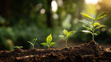 Stages of green plant growth in rich soil, symbolizing nature's cycle, perfect for gardening and environmental themes