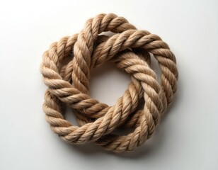 Fototapeta premium Gordian knot illustration on white background. Natural rope, rough texture, symbolizing problem complexity. Conceptual design for business solution, challenge, decision, risk, puzzle, teamwork.