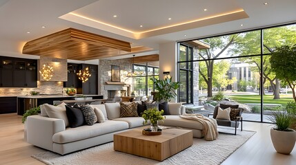 Fototapeta premium Open concept living room with plants high resolution photo
