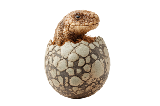 PNG Hatchling reptile emerging from egg on black background