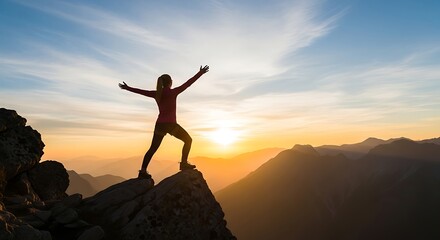 Fototapeta premium Silhouette of a woman celebrating a summit during a breathtaking mountain sunset.