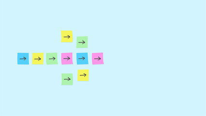 Multicolored sticky notes with black arrows are arranged to form a larger arrow pointing to the right on a light blue background