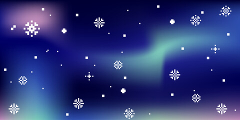 Abstract aurora gradient background with pixel snow, snowflakes and star pattern. Dark blue, green and purple color gradation. Retro 8 bit winter northern sky wide bg for modern digital holiday design