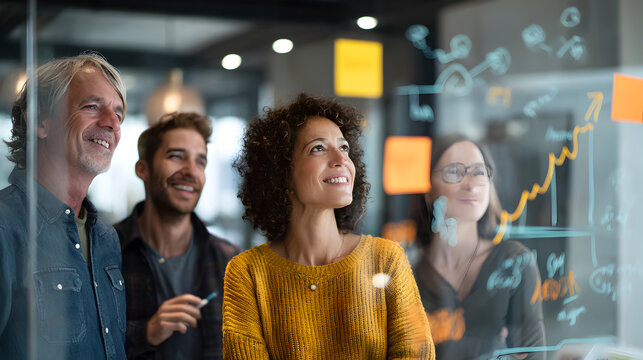 Group of diverse professionals collaborating on a project with diagrams on a glass board - Powered by Adobe