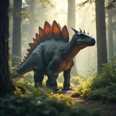Fototapeta premium Stegosaurus, dinosaur, in forest. Ancient reptile from jurassic era. Forest with sunlight, plants, trees. Creature stands, looks around on forest trail. Prehistoric animal, wildlife.