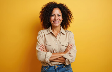 Middle age hispanic woman with crossed arms, smiling, looking at camera. Female with positive expression, in casual attire against yellow backdrop. Happy adult face. Confidence.