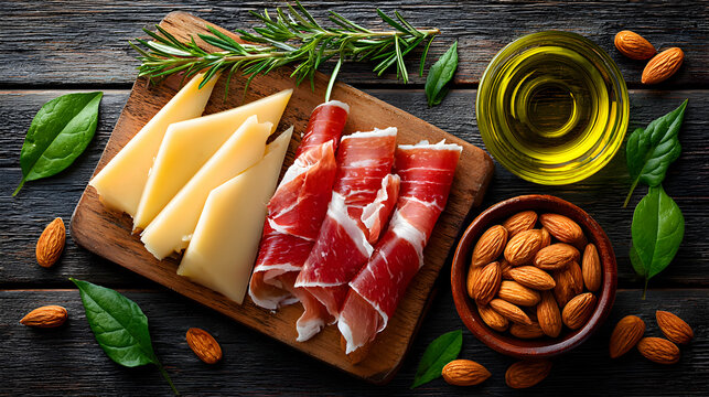 Overhead view of a wooden board with sliced jam?n iberico, manchego cheese, and marcona almonds, blurred warm Mediterranean dining room