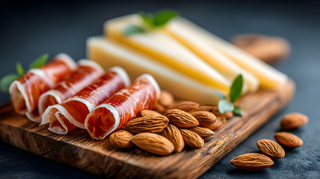 Overhead view of a wooden board with sliced jam?n iberico, manchego cheese, and marcona almonds, blurred warm Mediterranean dining room