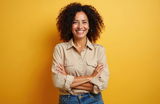 Middle age hispanic woman with crossed arms, smiling, looking at camera. Female with positive expression, in casual attire against yellow backdrop. Happy adult face. Confidence.