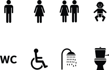 Restroom icons, toilet symbols, male female signs, family restroom, baby changing, WC, wheelchair access, shower icon, hygiene symbol, pictogram, vector illustration