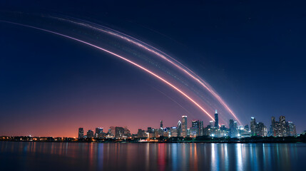 City skyline at night with light trails and reflections in the water showcasing urban beauty and motion