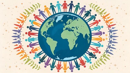 Diverse people holding hands around the earth symbolizing global unity and peace isolated on white background