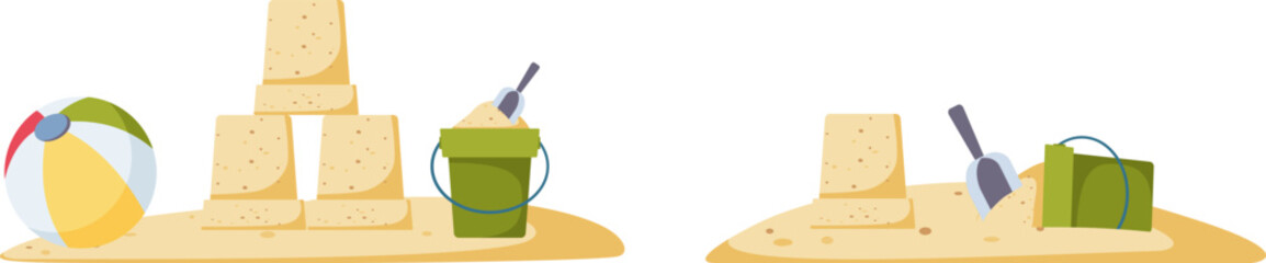 Sand sculpture, children's bucket and shovel, inflatable ball on the beach. Hand drawn simple vector illustration.