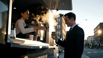 Businessman receiving coffee from barista at food truck in city   - Powered by Adobe