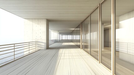 Fototapeta premium Modern architectural interior with large glass windows and wooden flooring