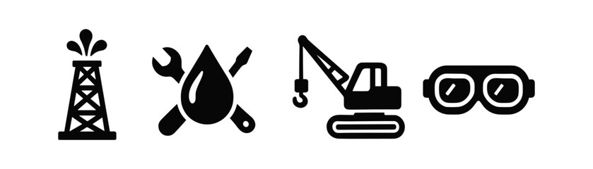 Oil and construction solid icon set. industrial tools and equipment icons collection