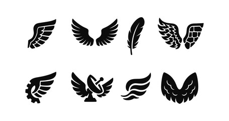 Wing silhouette icon set. feather symbols with solid style for design