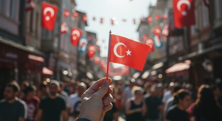 Obraz premium Turkish Festival Spirit - Waving the Flag in a Crowd